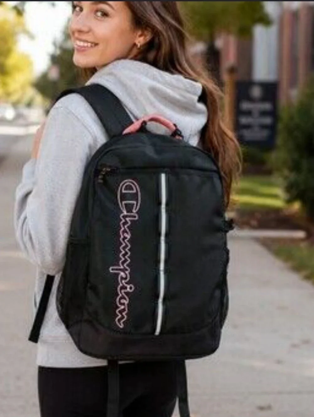 Champion Black Backpack with Pink Handle and Logo Trim